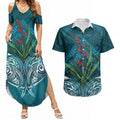 Rongoa Maori New Zealand Harakeke Couples Matching Summer Maxi Dress and Hawaiian Shirt NZ Weaving Pattern Dark Teal
