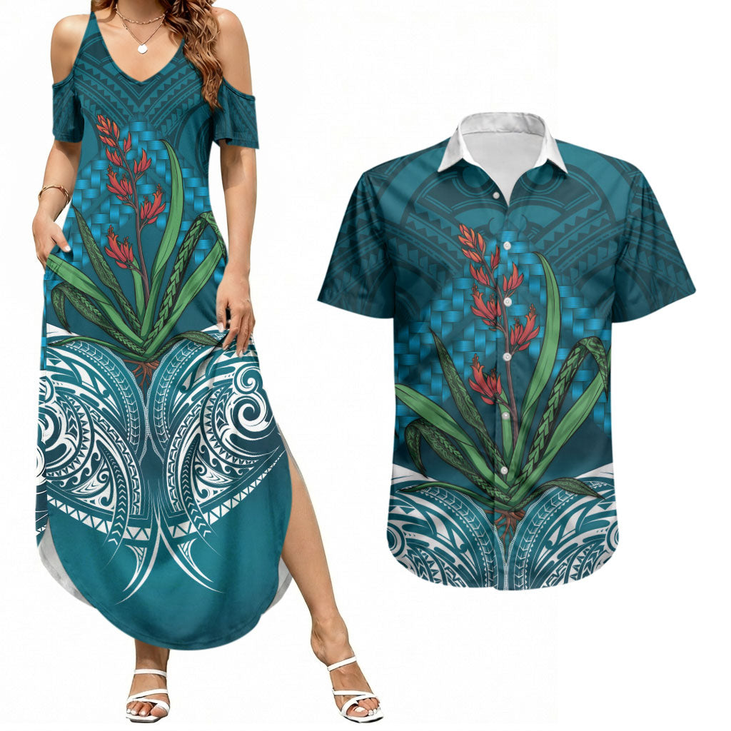 Rongoa Maori New Zealand Harakeke Couples Matching Summer Maxi Dress and Hawaiian Shirt NZ Weaving Pattern Dark Teal