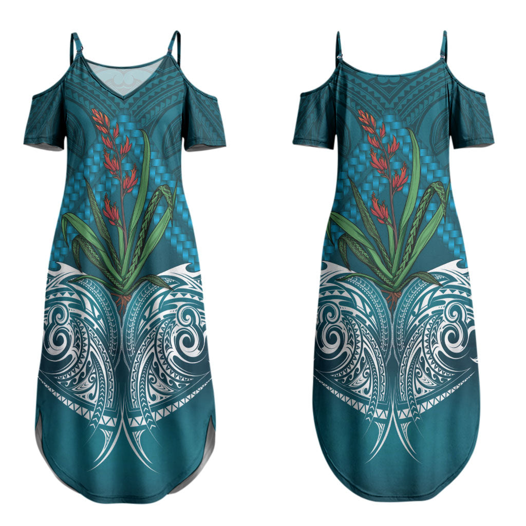 Rongoa Maori New Zealand Harakeke Couples Matching Summer Maxi Dress and Hawaiian Shirt NZ Weaving Pattern Dark Teal