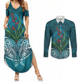 Rongoa Maori New Zealand Harakeke Couples Matching Summer Maxi Dress and Long Sleeve Button Shirt NZ Weaving Pattern Dark Teal