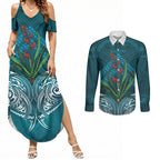 Rongoa Maori New Zealand Harakeke Couples Matching Summer Maxi Dress and Long Sleeve Button Shirt NZ Weaving Pattern Dark Teal