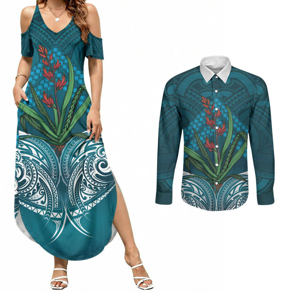 Rongoa Maori New Zealand Harakeke Couples Matching Summer Maxi Dress and Long Sleeve Button Shirt NZ Weaving Pattern Dark Teal