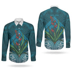 Rongoa Maori New Zealand Harakeke Couples Matching Summer Maxi Dress and Long Sleeve Button Shirt NZ Weaving Pattern Dark Teal