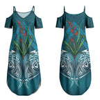 Rongoa Maori New Zealand Harakeke Couples Matching Summer Maxi Dress and Long Sleeve Button Shirt NZ Weaving Pattern Dark Teal