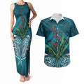 Rongoa Maori New Zealand Harakeke Couples Matching Tank Maxi Dress and Hawaiian Shirt NZ Weaving Pattern Dark Teal