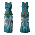 Rongoa Maori New Zealand Harakeke Couples Matching Tank Maxi Dress and Hawaiian Shirt NZ Weaving Pattern Dark Teal