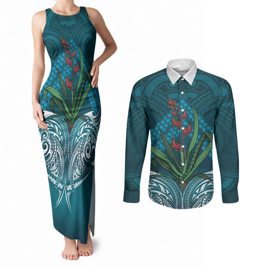 Rongoa Maori New Zealand Harakeke Couples Matching Tank Maxi Dress and Long Sleeve Button Shirt NZ Weaving Pattern Dark Teal
