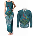 Rongoa Maori New Zealand Harakeke Couples Matching Tank Maxi Dress and Long Sleeve Button Shirt NZ Weaving Pattern Dark Teal