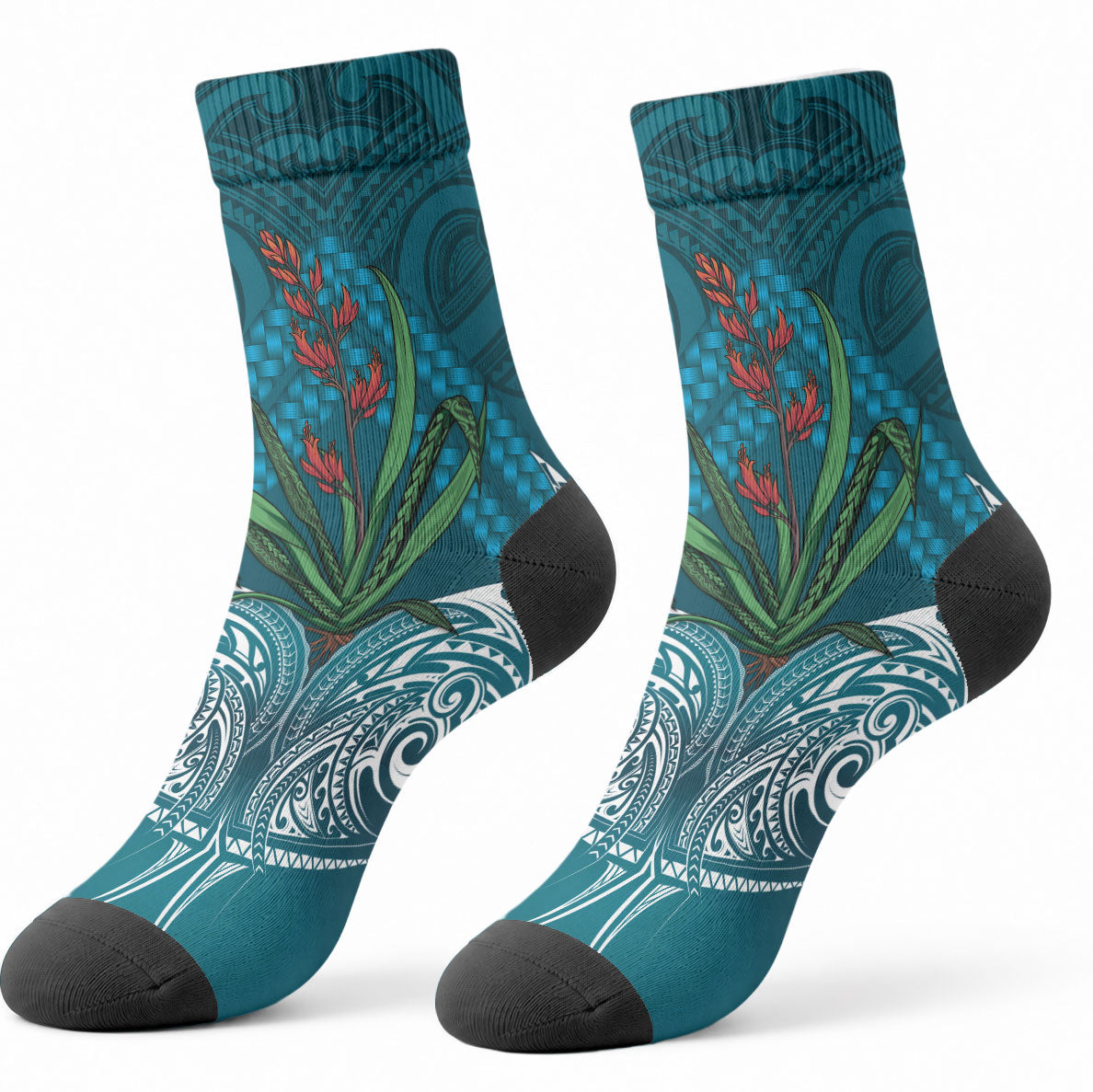 Rongoa Maori New Zealand Harakeke Crew Socks NZ Weaving Pattern Dark Teal