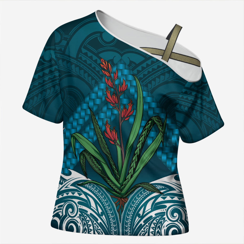 Rongoa Maori New Zealand Harakeke Cross Shoulder Shirt NZ Weaving Pattern Dark Teal