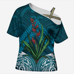 Rongoa Maori New Zealand Harakeke Cross Shoulder Shirt NZ Weaving Pattern Dark Teal