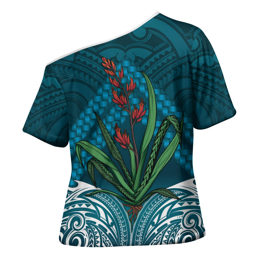 Rongoa Maori New Zealand Harakeke Cross Shoulder Shirt NZ Weaving Pattern Dark Teal