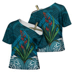 Rongoa Maori New Zealand Harakeke Cross Shoulder Shirt NZ Weaving Pattern Dark Teal