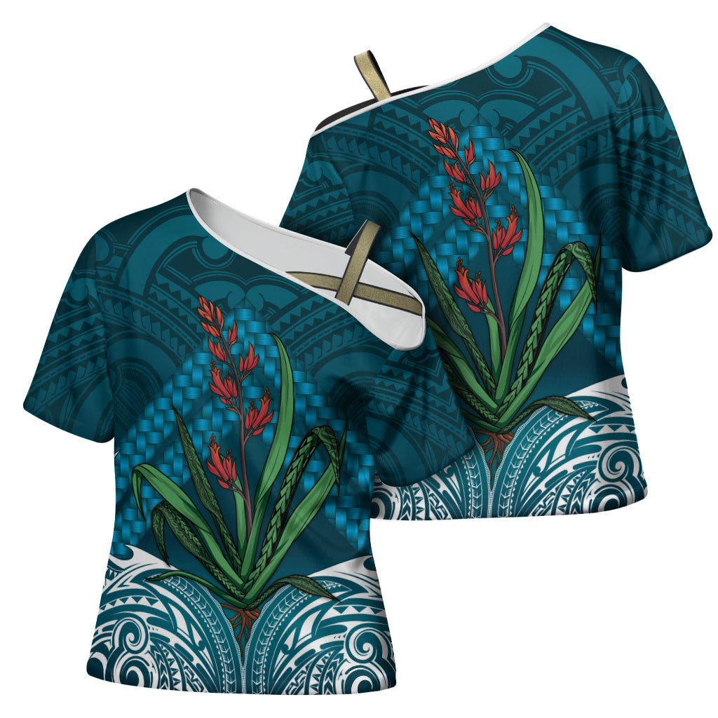 Rongoa Maori New Zealand Harakeke Cross Shoulder Shirt NZ Weaving Pattern Dark Teal