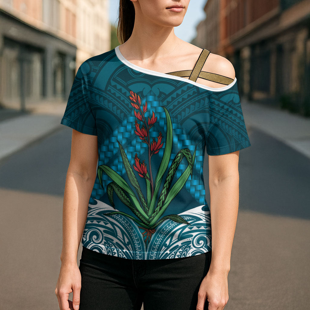 Rongoa Maori New Zealand Harakeke Cross Shoulder Shirt NZ Weaving Pattern Dark Teal