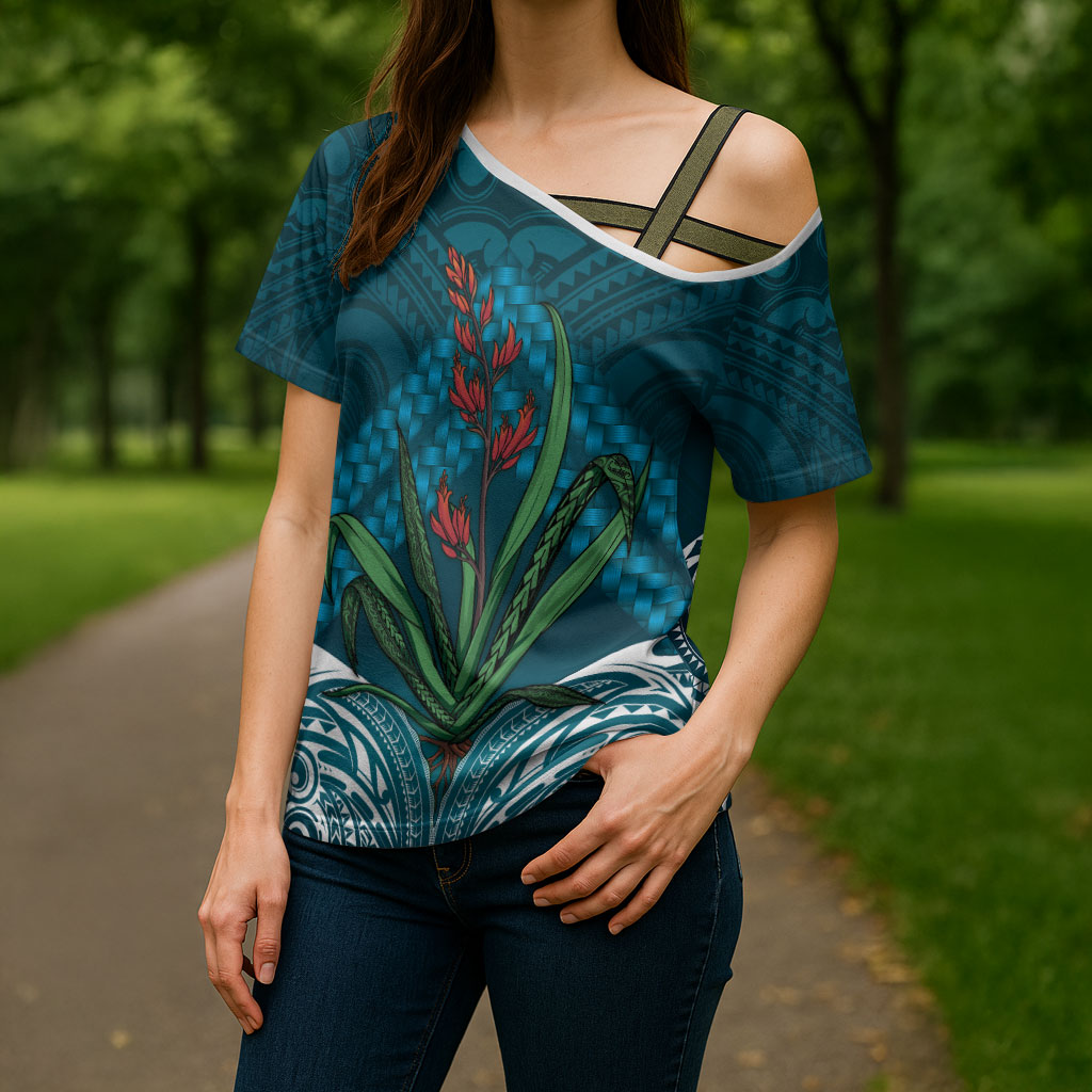 Rongoa Maori New Zealand Harakeke Cross Shoulder Shirt NZ Weaving Pattern Dark Teal
