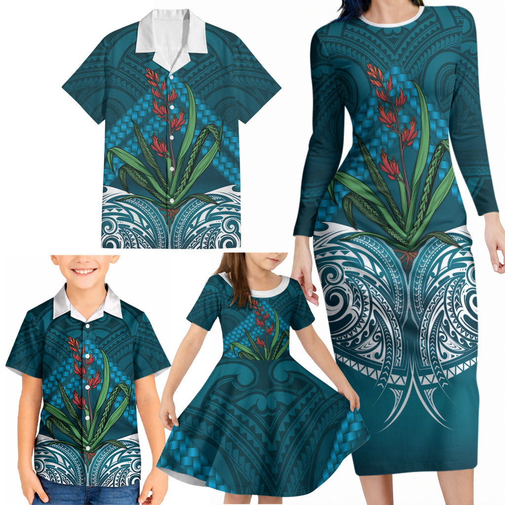 Rongoa Maori New Zealand Harakeke Family Matching Long Sleeve Bodycon Dress and Hawaiian Shirt NZ Weaving Pattern Dark Teal