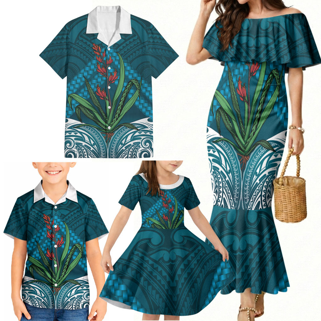 Rongoa Maori New Zealand Harakeke Family Matching Mermaid Dress and Hawaiian Shirt NZ Weaving Pattern Dark Teal