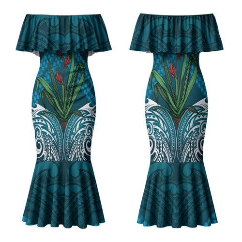 Rongoa Maori New Zealand Harakeke Family Matching Mermaid Dress and Hawaiian Shirt NZ Weaving Pattern Dark Teal