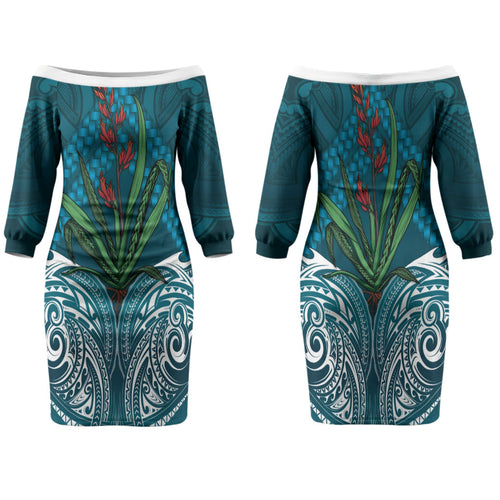 Rongoa Maori New Zealand Harakeke Family Matching Off The Shoulder Long Sleeve Dress and Hawaiian Shirt NZ Weaving Pattern Dark Teal