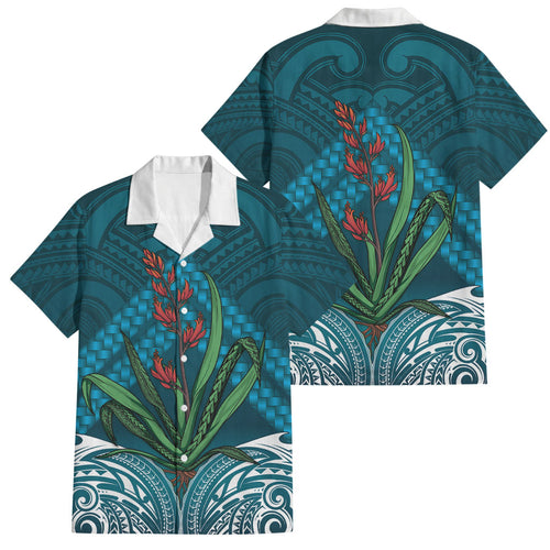 Rongoa Maori New Zealand Harakeke Family Matching Off The Shoulder Long Sleeve Dress and Hawaiian Shirt NZ Weaving Pattern Dark Teal