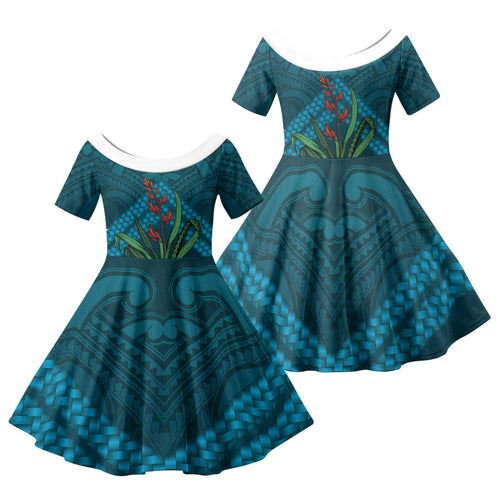 Rongoa Maori New Zealand Harakeke Family Matching Off The Shoulder Long Sleeve Dress and Hawaiian Shirt NZ Weaving Pattern Dark Teal