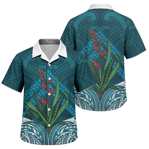 Rongoa Maori New Zealand Harakeke Family Matching Off The Shoulder Long Sleeve Dress and Hawaiian Shirt NZ Weaving Pattern Dark Teal