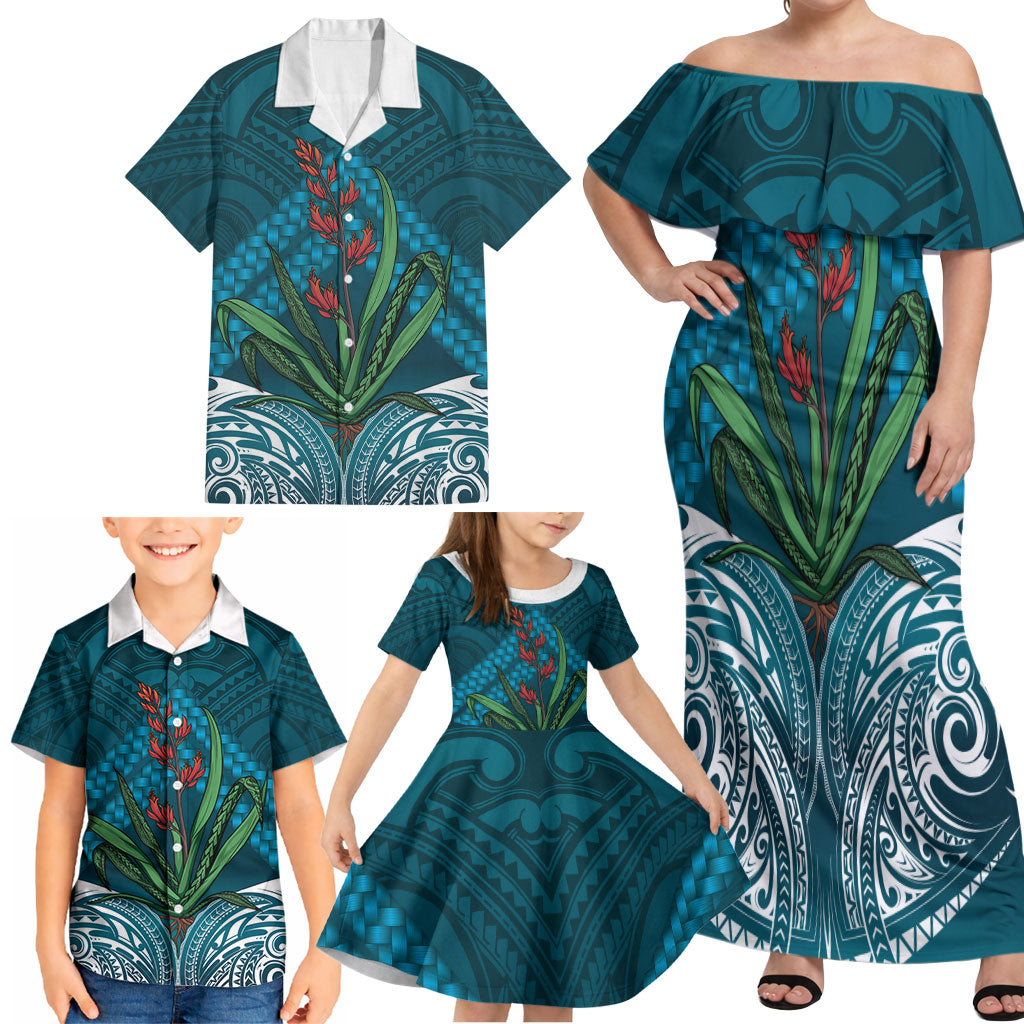 Rongoa Maori New Zealand Harakeke Family Matching Off Shoulder Maxi Dress and Hawaiian Shirt NZ Weaving Pattern Dark Teal