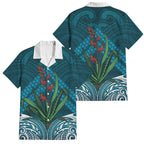 Rongoa Maori New Zealand Harakeke Family Matching Off Shoulder Short Dress and Hawaiian Shirt NZ Weaving Pattern Dark Teal