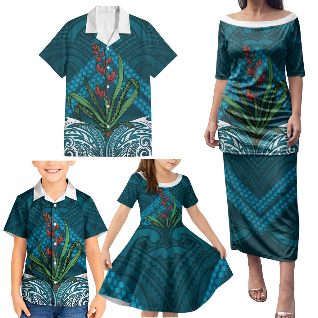 Rongoa Maori New Zealand Harakeke Family Matching Puletasi and Hawaiian Shirt NZ Weaving Pattern Dark Teal