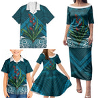 Rongoa Maori New Zealand Harakeke Family Matching Puletasi and Hawaiian Shirt NZ Weaving Pattern Dark Teal