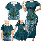 Rongoa Maori New Zealand Harakeke Family Matching Short Sleeve Bodycon Dress and Hawaiian Shirt NZ Weaving Pattern Dark Teal
