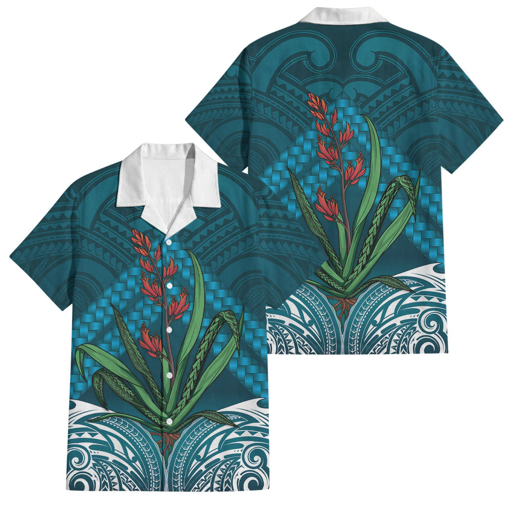 Rongoa Maori New Zealand Harakeke Family Matching Short Sleeve Bodycon Dress and Hawaiian Shirt NZ Weaving Pattern Dark Teal