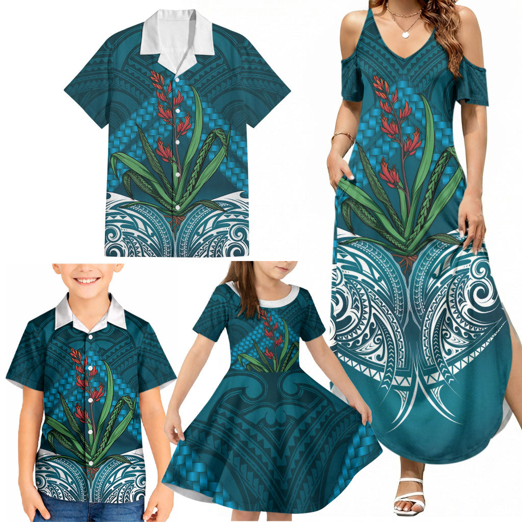 Rongoa Maori New Zealand Harakeke Family Matching Summer Maxi Dress and Hawaiian Shirt NZ Weaving Pattern Dark Teal