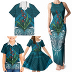 Rongoa Maori New Zealand Harakeke Family Matching Tank Maxi Dress and Hawaiian Shirt NZ Weaving Pattern Dark Teal