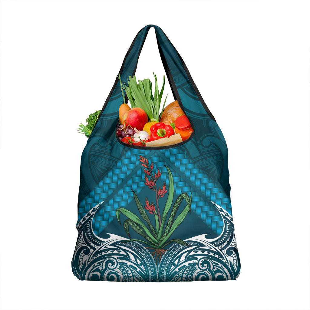 Rongoa Maori New Zealand Harakeke Grocery Bag NZ Weaving Pattern Dark Teal