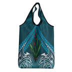 Rongoa Maori New Zealand Harakeke Grocery Bag NZ Weaving Pattern Dark Teal