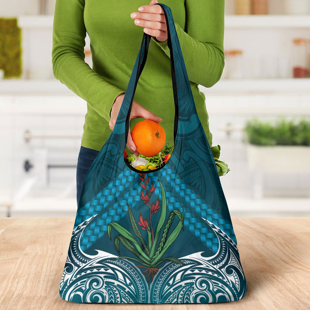 Rongoa Maori New Zealand Harakeke Grocery Bag NZ Weaving Pattern Dark Teal