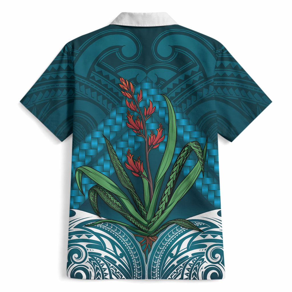 Rongoa Maori New Zealand Harakeke Hawaiian Shirt NZ Weaving Pattern Dark Teal