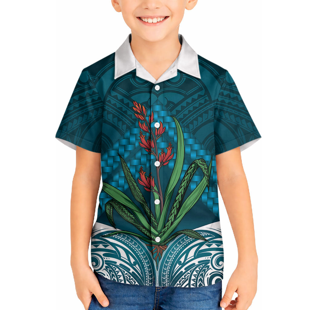 Rongoa Maori New Zealand Harakeke Hawaiian Shirt NZ Weaving Pattern Dark Teal