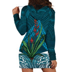 Rongoa Maori New Zealand Harakeke Hoodie Dress NZ Weaving Pattern Dark Teal