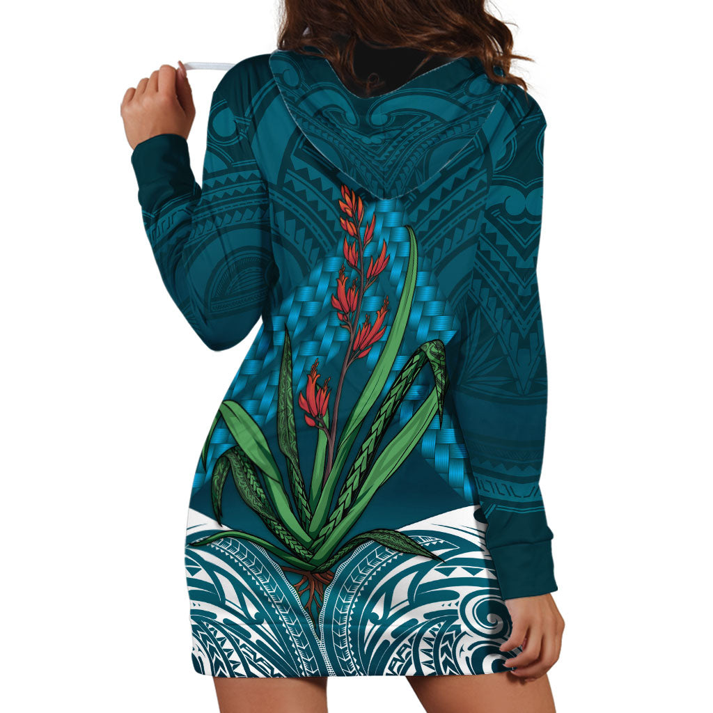 Rongoa Maori New Zealand Harakeke Hoodie Dress NZ Weaving Pattern Dark Teal