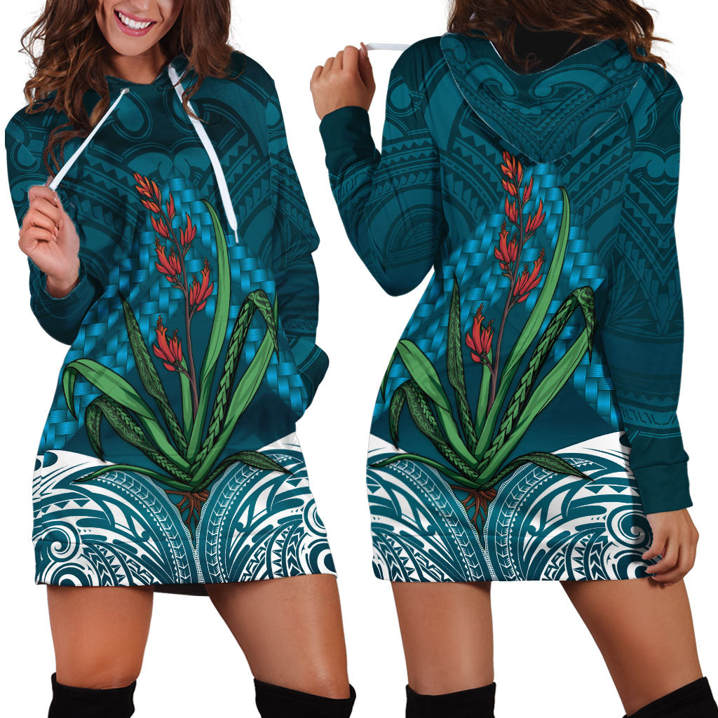 Rongoa Maori New Zealand Harakeke Hoodie Dress NZ Weaving Pattern Dark Teal