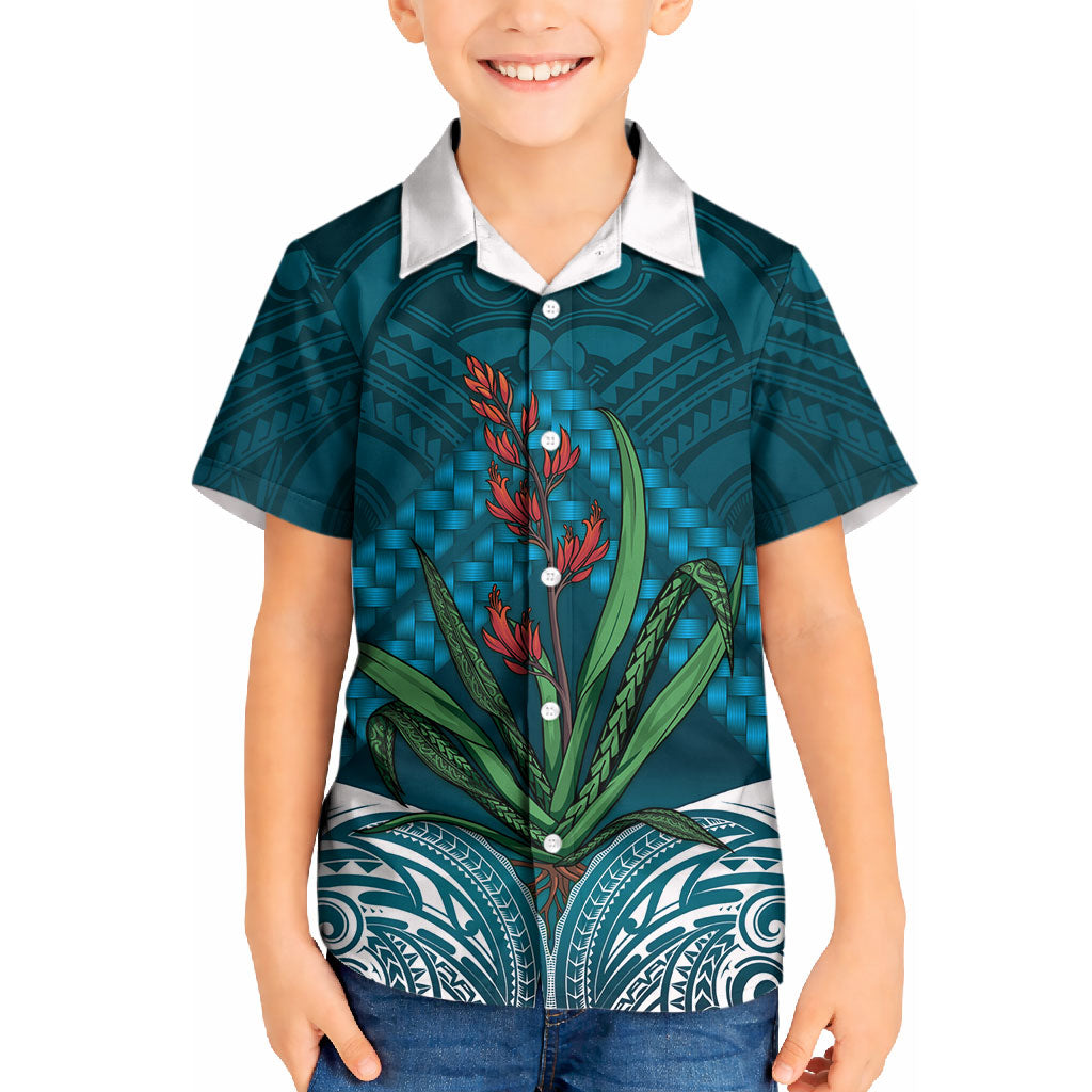 Rongoa Maori New Zealand Harakeke Kid Hawaiian Shirt NZ Weaving Pattern Dark Teal