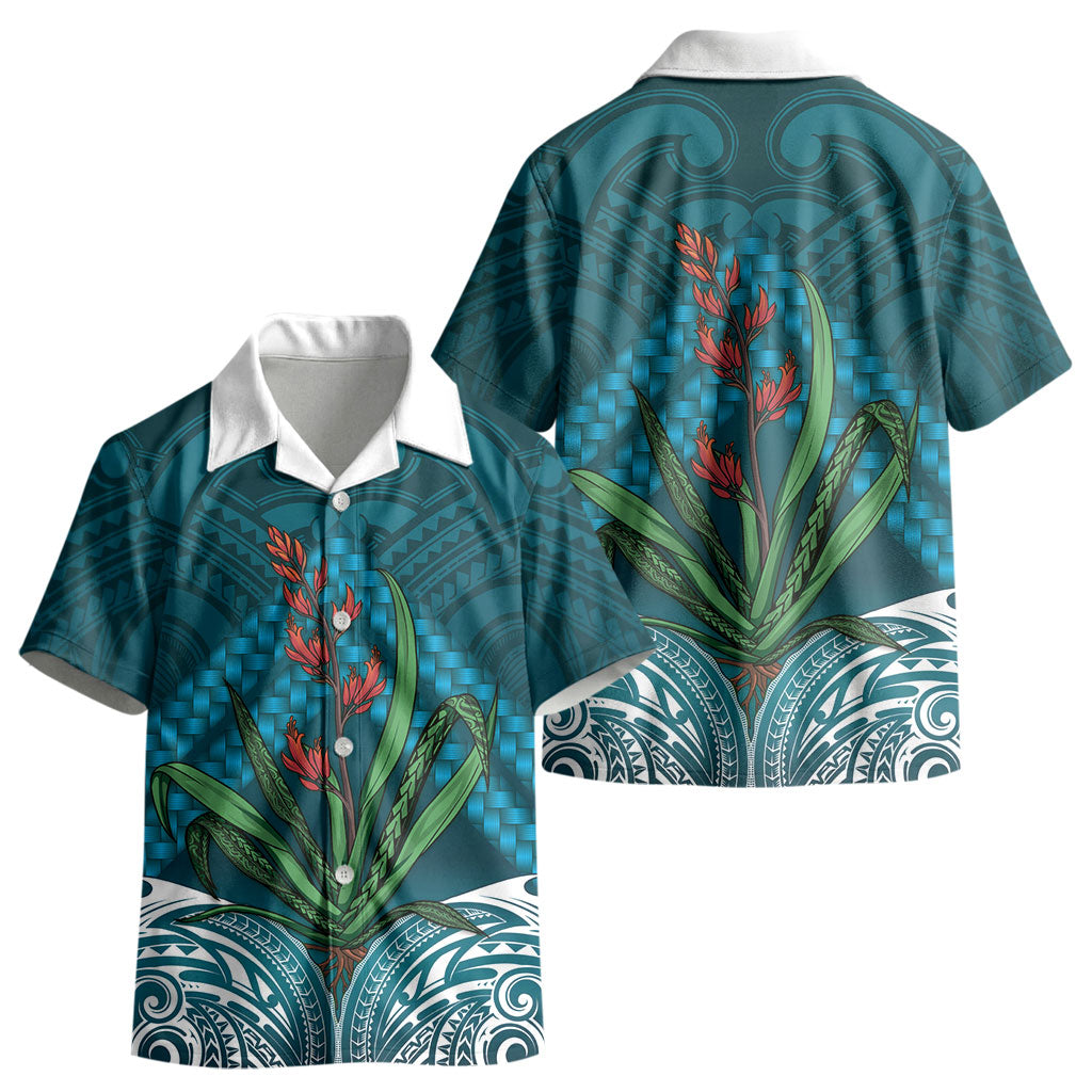 Rongoa Maori New Zealand Harakeke Kid Hawaiian Shirt NZ Weaving Pattern Dark Teal