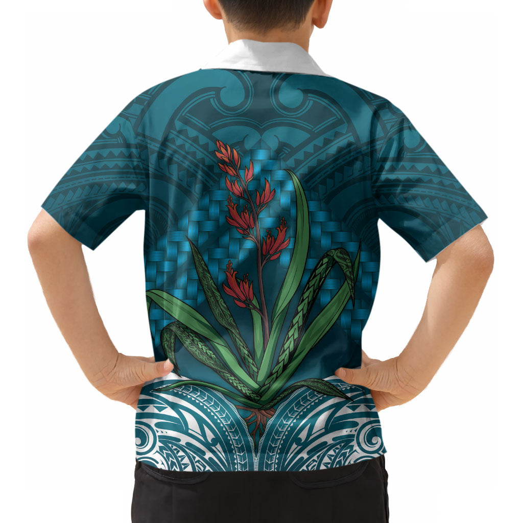 Rongoa Maori New Zealand Harakeke Kid Hawaiian Shirt NZ Weaving Pattern Dark Teal