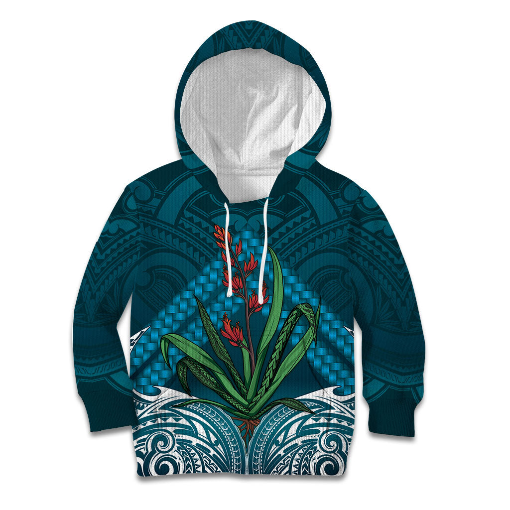 Rongoa Maori New Zealand Harakeke Kid Hoodie NZ Weaving Pattern Dark Teal