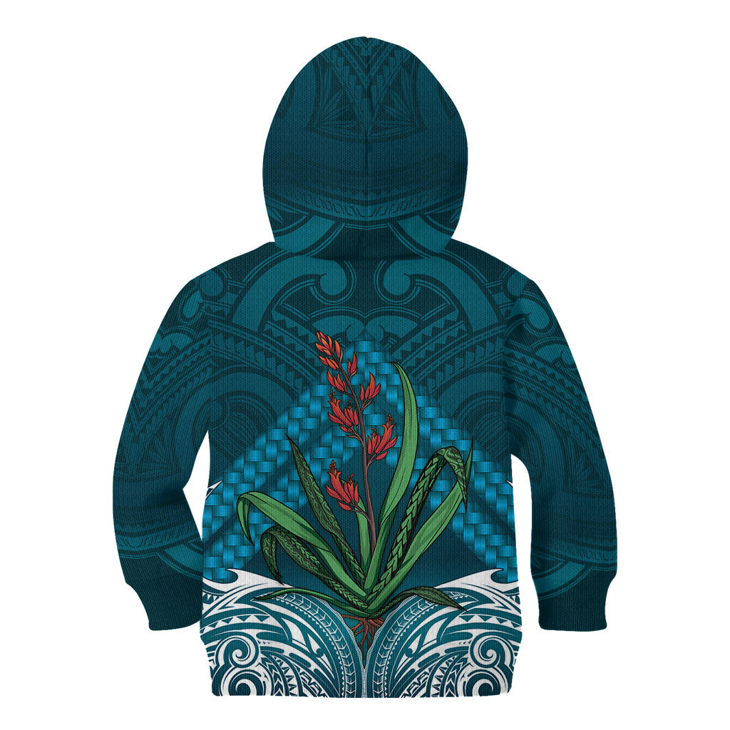 Rongoa Maori New Zealand Harakeke Kid Hoodie NZ Weaving Pattern Dark Teal