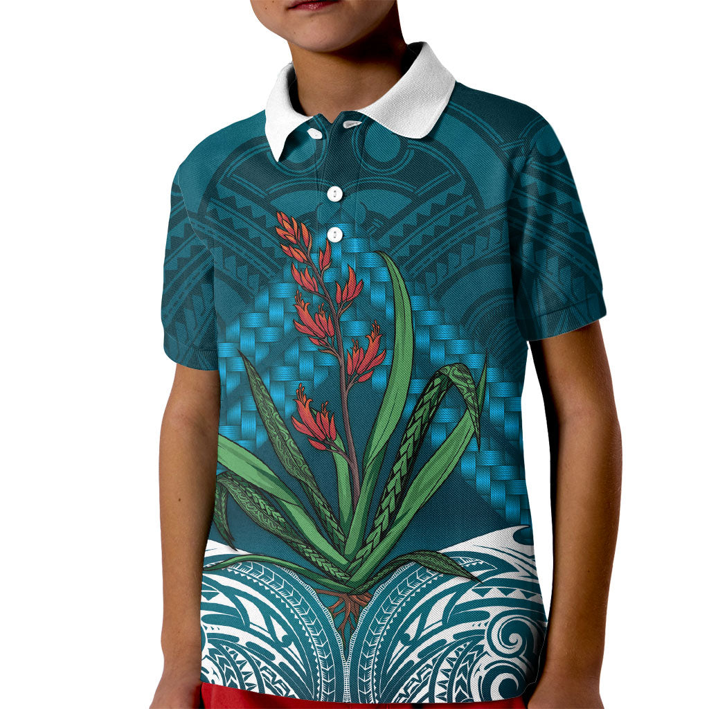 Rongoa Maori New Zealand Harakeke Kid Polo Shirt NZ Weaving Pattern Dark Teal