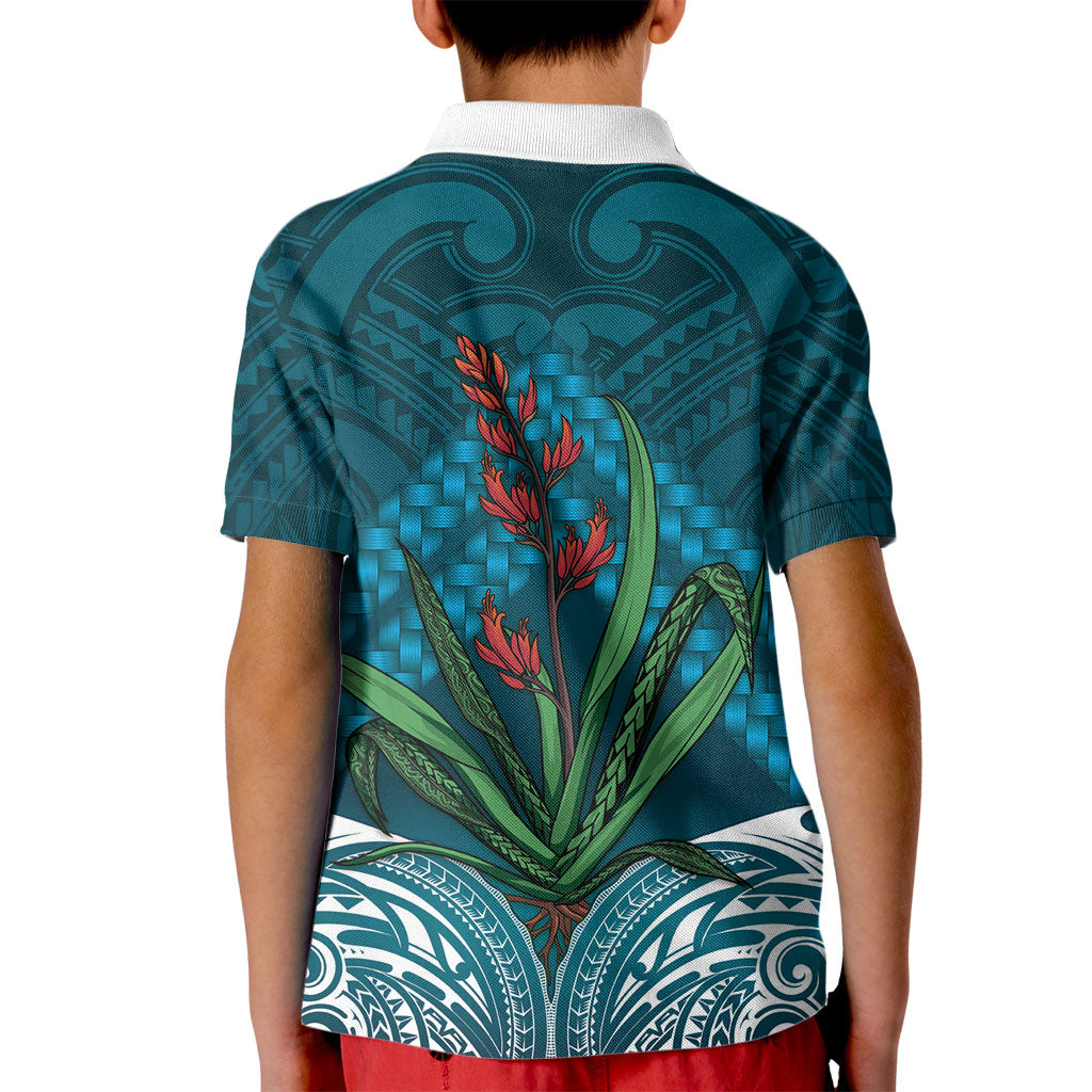 Rongoa Maori New Zealand Harakeke Kid Polo Shirt NZ Weaving Pattern Dark Teal